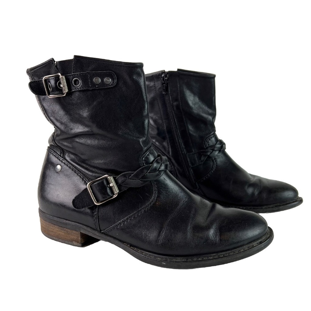 Paul Green "Nathan" Moto Boots Women's 8 Leather‎ Braided Black Ankle Boots Zip